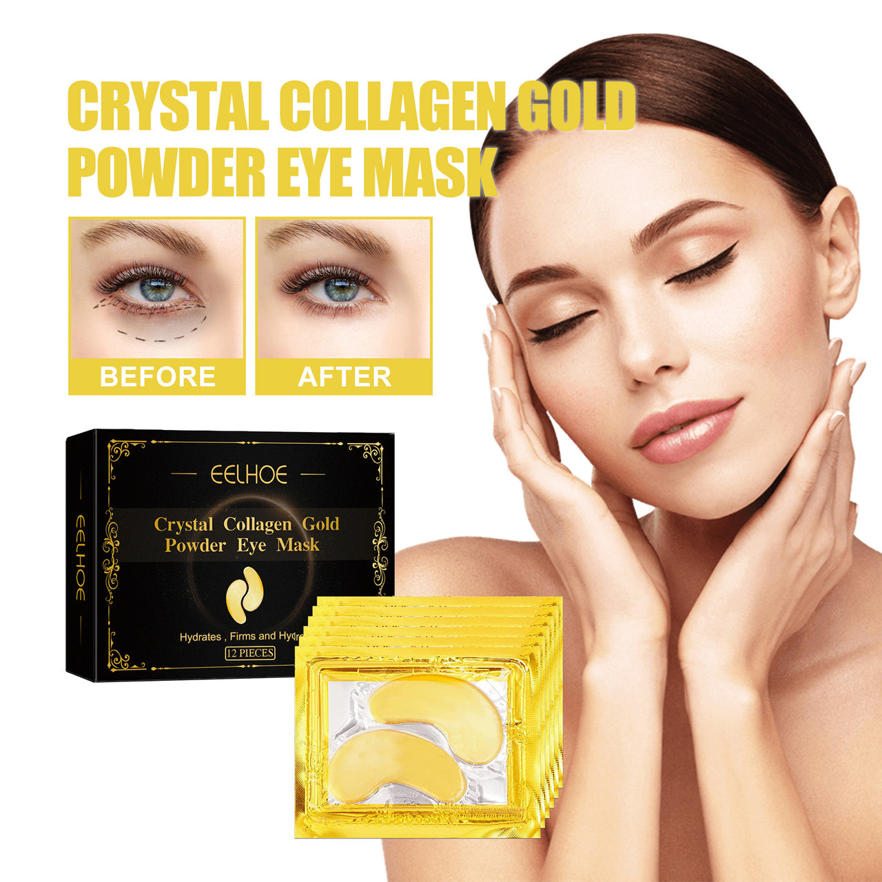 Mascarilla de colágeno dorado para ojos: cuidado hidratante, reafirmante de líneas de expresión, parches para ojos, desvelarse, ojeras y bolsas debajo de los ojos.